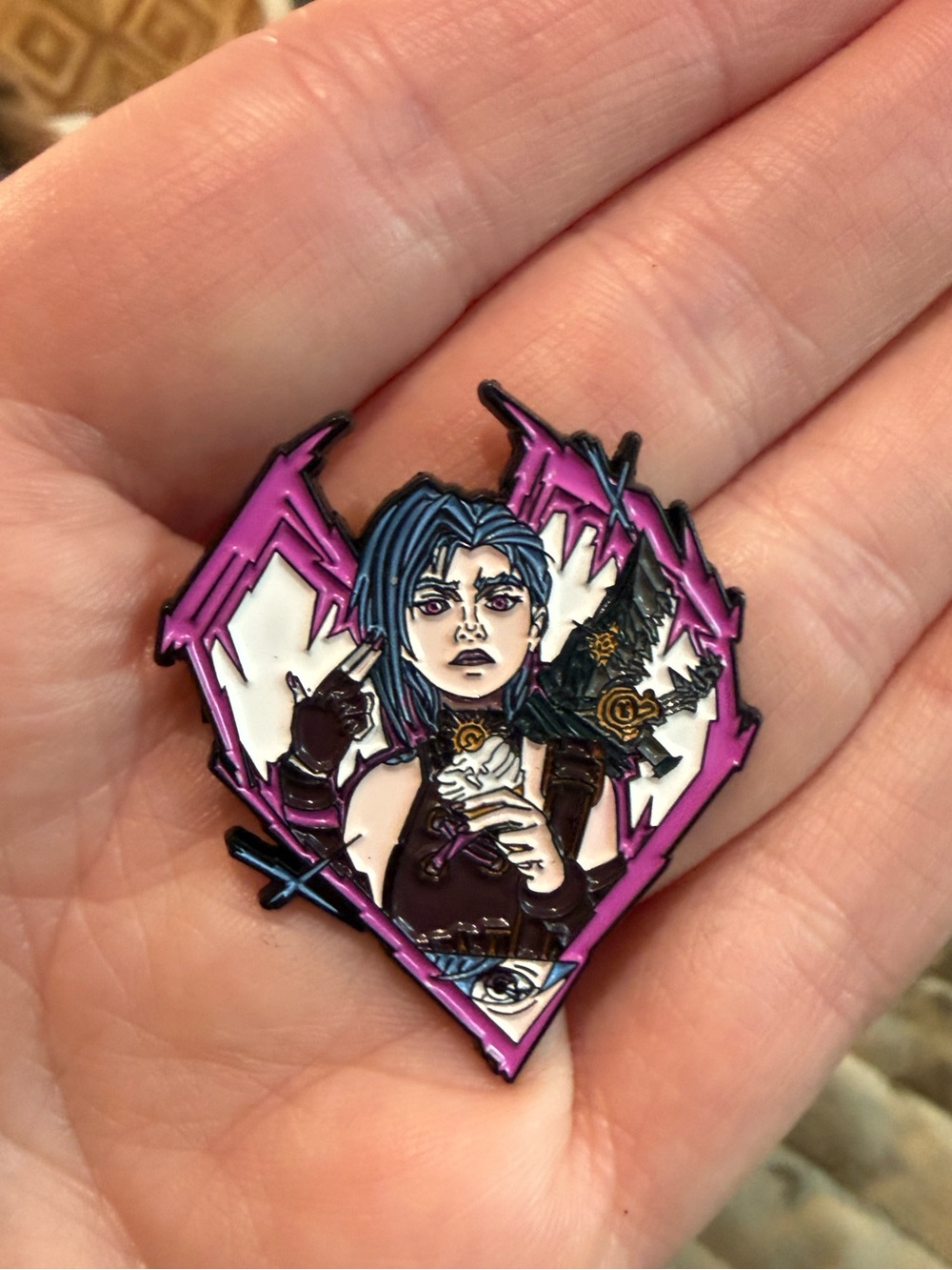 Arcane League of Legends Jinx Enamel Pin with Heart Outline